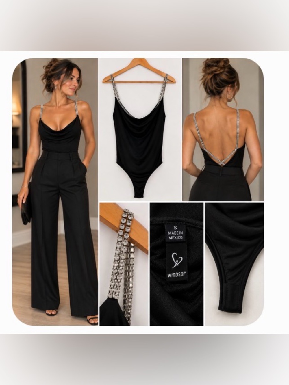 Windsor Black Cowl Neck Bodysuit with Rhinestone Straps